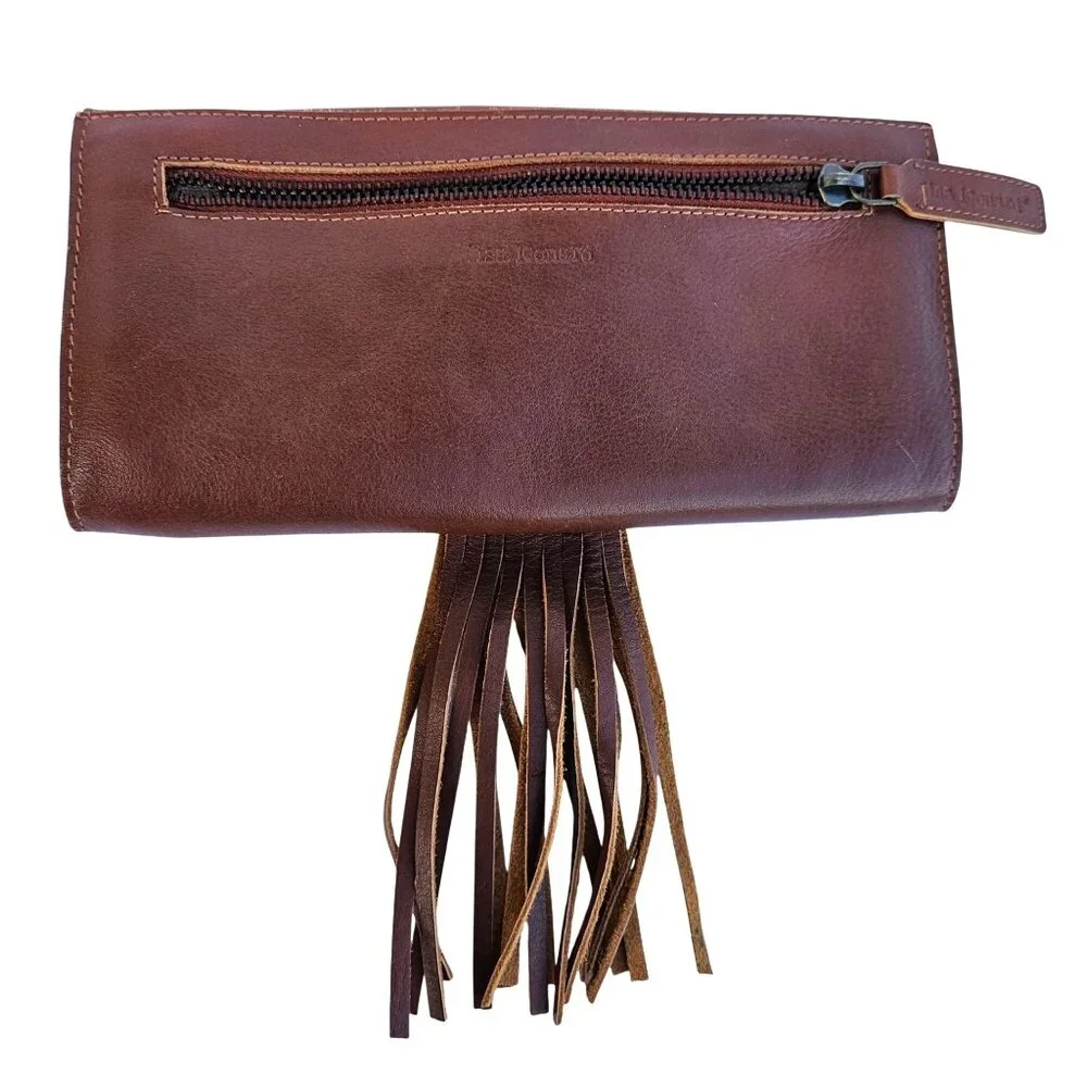 Vintage Leather Handbag Purse Clutch Wallet Fringe Brown Lisa Leonard - Picture 6 of 14